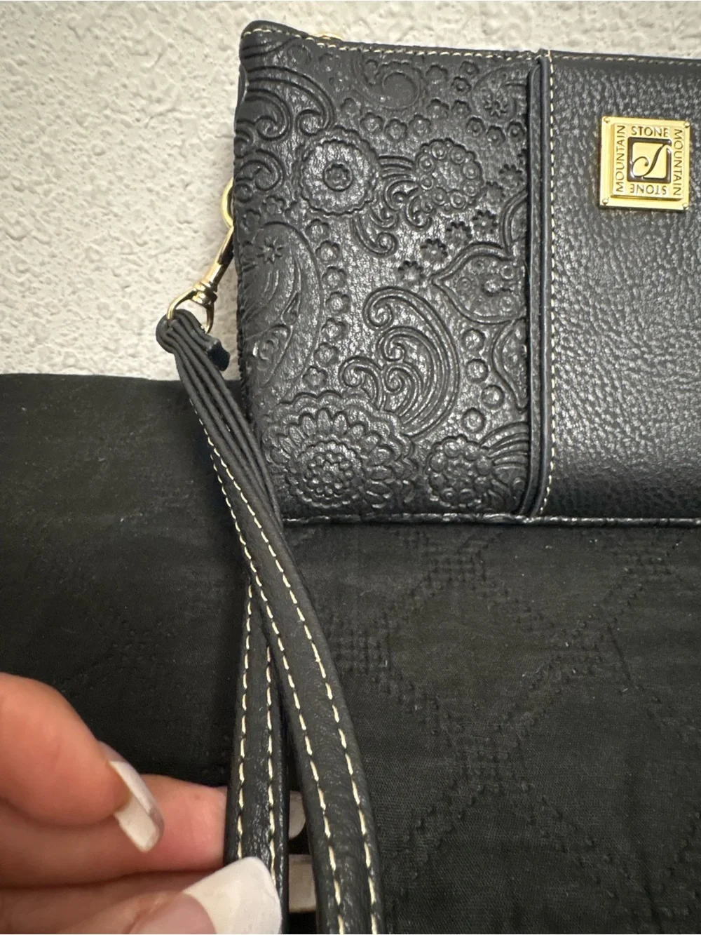 Elegant Black Embossed Wristlet Clutch - Designer Style